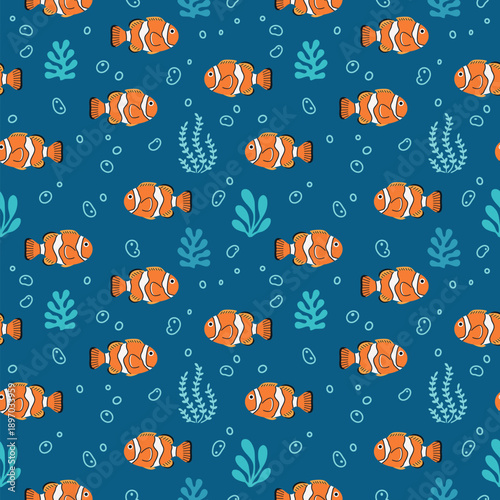 Clownfish seamless pattern. Sea animal background for wallpaper decoration, banners, wrapping paper, seafood restaurant. Vector illustration