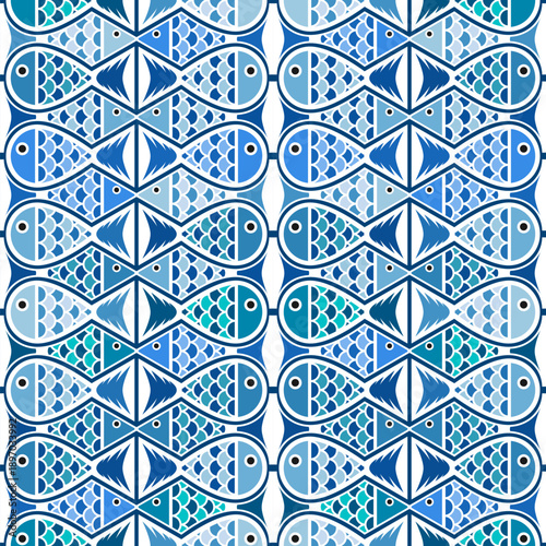 Fish seamless pattern. Sea animal background for wallpaper decoration, banners, wrapping paper, seafood restaurant. Vector illustration