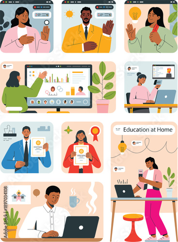 Diverse people video conferencing online education and remote work from home in modern workspace illustration for business meetings and e learning professional team communication and technology for co