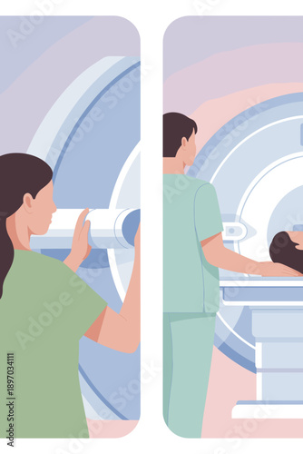 Medical professionals operating MRI scanner machine for patient diagnosis in modern hospital radiology lab clinic healthcare technology magnetic resonance imaging for medical research advertisement pr