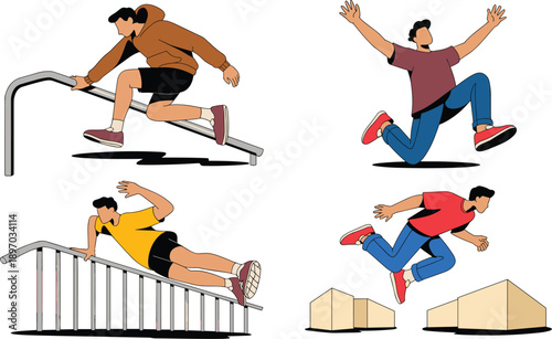 Sporty man doing parkour obstacle course training extreme urban free running workout illustration young men jumping climbing over architectural structures for fitness challenge exercise recreational a