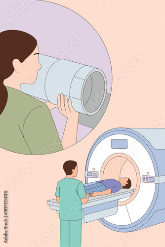 MRI scan illustration of patient undergoing magnetic resonance imaging in hospital with doctor or technician examining results diagnostic radiology procedure for medical healthcare cartoon style vecto