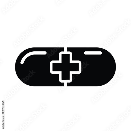 Black and white icon of a medical pill or capsule with a cross in the center