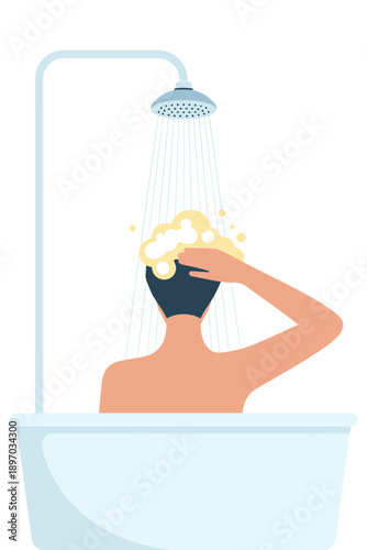 Relaxing man washing dark hair with foamy shampoo under shower in bathtub at home personal hygiene routine concept for bathroom interior design blog or advertising promoting healthy lifestyle and self