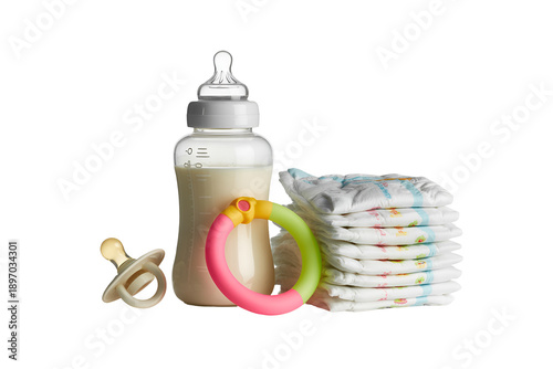 Baby bottle pacifier rattle and diapers isolated on transparent background