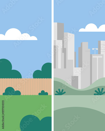 Cartoon City vs Countryside Landscape Comparing Urban and Rural Scenery with Modern Buildings and Natural Greenery for Real Estate Development Brochure Backgrounds and Environmental Awareness Campaign