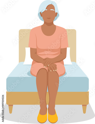Elegant senior woman sitting on bed alone thoughtful mature lady in dress bedroom scene domestic life retirement lifestyle healthcare illustration for wellness center advertisement aged care facility