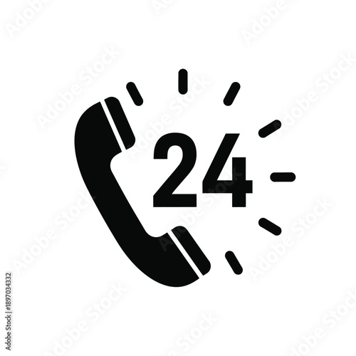 Black icon of a phone with 24 hour customer support on a for business or service hotline