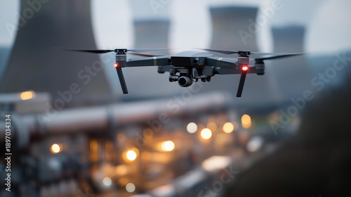 Military drone in loiter mode above heavily guarded power station, defocused distant heat signatures of cooling towers and vehicle movement captured, surveillance operations, with
