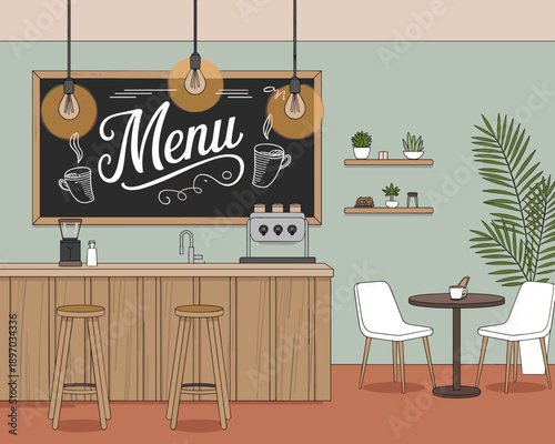 Cozy coffee shop interior with chalkboard menu illustration featuring barista counter stools table and chairs in a modern style setting for cafe restaurant advertising and marketing materials promotin