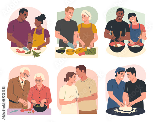 Diverse couples cooking together at home in kitchen preparing food healthy meals happy relationships enjoying domestic life various ethnicities generations and ages culinary teamwork love illustration