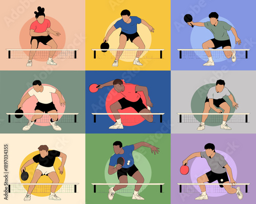 Diverse table tennis players in action illustration of determined athletes playing ping pong game with paddles and ball competitive indoor sports activity leisure recreation vector graphic for trainin
