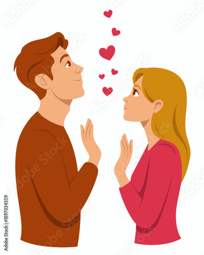 Young couple in love looking at floating hearts romantic relationship concept modern cartoon style illustration of man and woman with affection for dating app social media marketing valentines day des