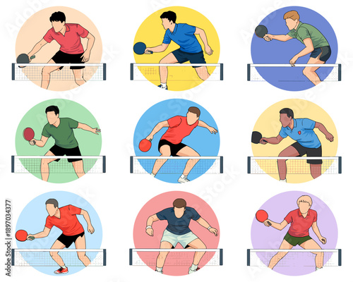 Diverse table tennis players playing ping pong game competitive sport match athletic activity vector illustration set various characters in action for sports advertising recreation and healthy lifesty