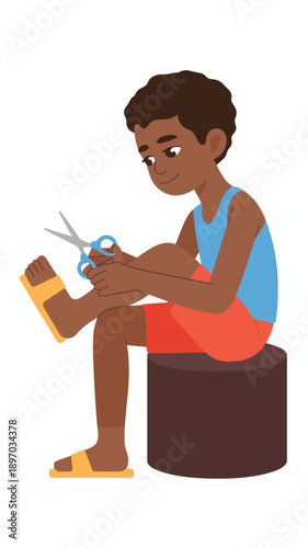 Cartoon boy carefully cutting toenails with scissors sitting on stool at home in casual wear pedicure hygiene illustration for healthcare educational materials family health and wellness personal groo