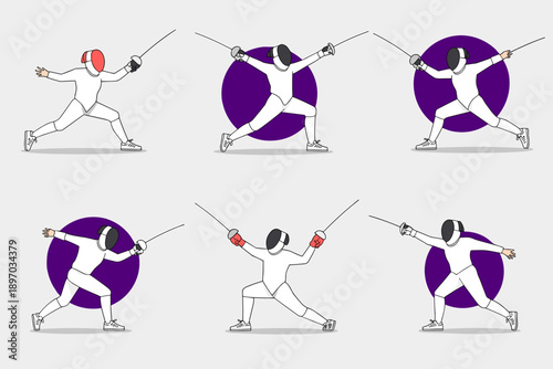 Fencing Athletes Training with Swords in Competitive Sport Illustration Set Professional Fencers in Protective Gear Performing Offensive Moves Athletic Competition for Sports Equipment Advertisement a