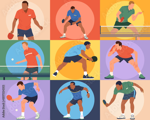 Dynamic collection of table tennis players in action striking ping pong ball with paddle competitive sport concept illustration active lifestyle training games recreation athletic performance exercise
