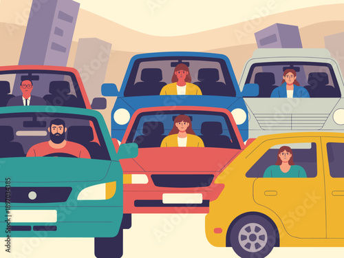 Traffic jam with diverse drivers in city business district illustration of cars stuck in urban congestion during rush hour commute transportation problem for corporate reports and marketing materials