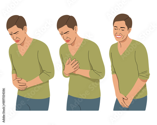Cartoon man experiencing stomach pain chest pain and bladder pain symptoms of abdominal discomfort indigestion heartburn and urinary problems concept for healthcare medical illustrations and health aw