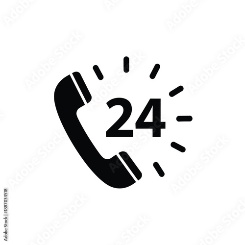 Black icon of a phone with 24 hour customer support on for business or service hotline