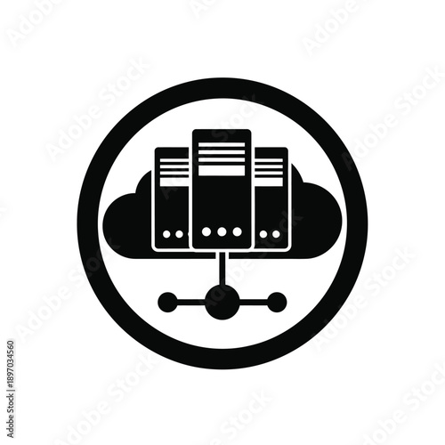 Black and white icon of servers on a cloud with a circle around it