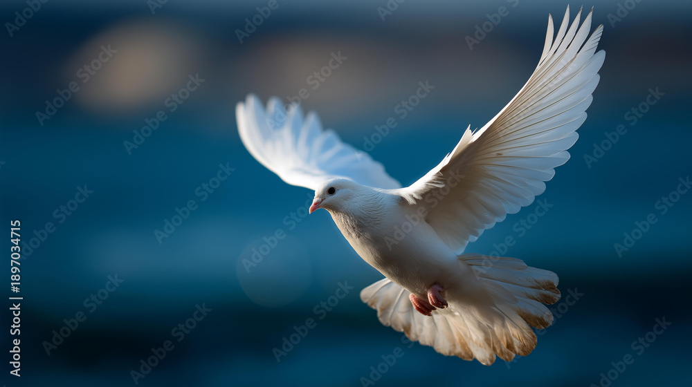 Fototapeta premium Majestic white dove soaring gracefully, defocused calm blue sky background, freedom and hope representation, peaceful flight, spiritual symbolism, with copy space