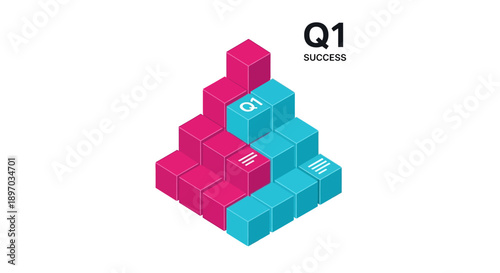 Q1 Success: Isometric Business Growth Pyramid Chart. Quarterly Financial Performance, Goal Achievement, and Data Visualization Structure.