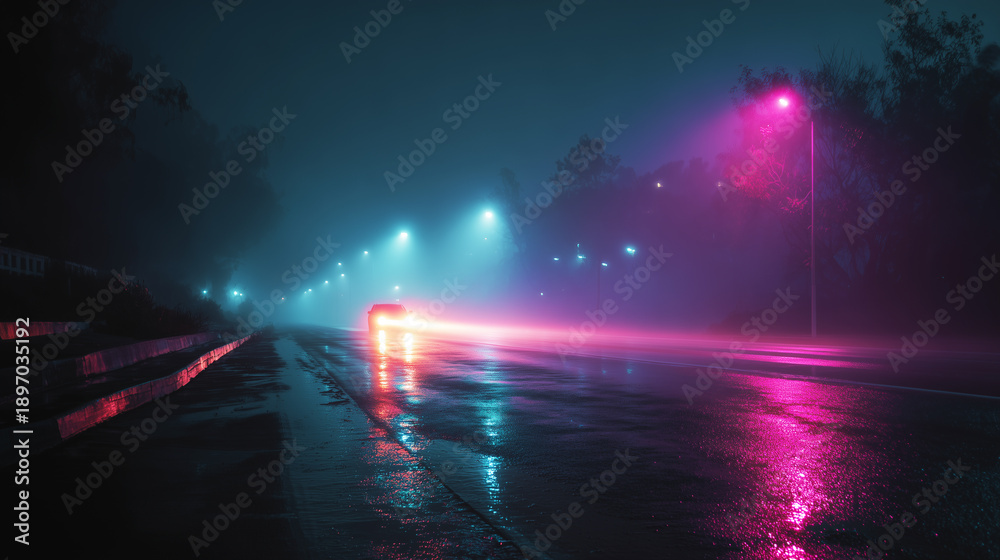 custom made wallpaper toronto digitalFoggy night road with car, neon lights reflecting on wet asphalt, creating futuristic mysterious urban atmosphere scene
