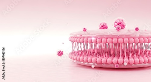 Pink cell membrane structure with proteins in a light pink background