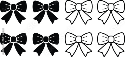 Collection of eight bow tie icons in black and white isolated on white background elegant fashion accessory vector illustration set