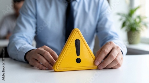 A focused professional wearing a blue shirt and dark tie carefully places a bright yellow triangular caution sign featuring a black exclamation point onto a clean white desk surface.