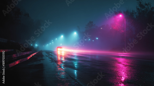 Wallpaper Mural Foggy night road with car, neon lights reflecting on wet asphalt, creating futuristic mysterious urban atmosphere scene
 Torontodigital.ca