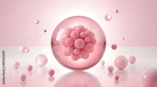Pink spheres clustered inside a larger transparent sphere with scattered droplets