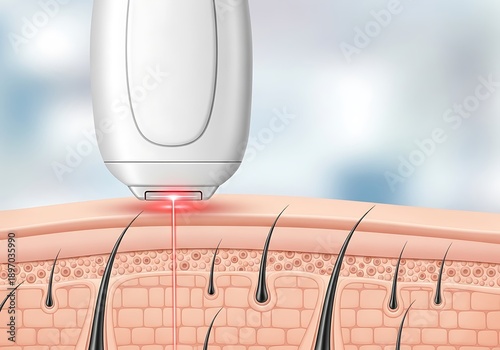 Ipl device emitting a red light beam onto skin with visible hair follicles