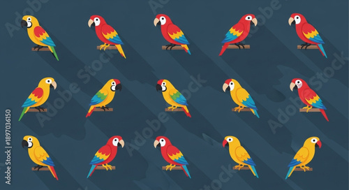 Collection of colorful macaws parrots in flat design style.