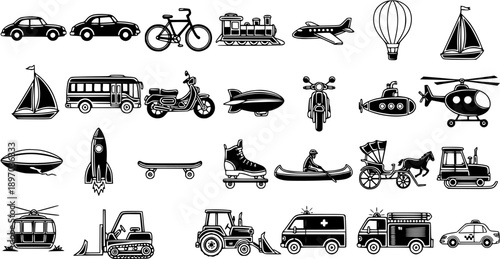 Transportation Vehicles Vector Icons Set. Black and White Line Art Collection of Cars, Buses, Bikes, Planes, Boats, and Emergency Service Vehicles.