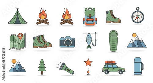 Collection of camping and outdoor adventure icons.