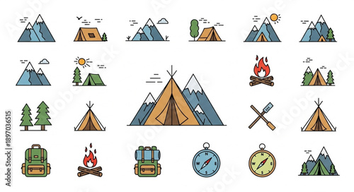 Collection of Camping and Outdoor Adventure Icons.