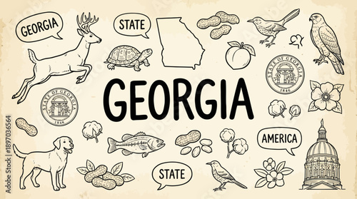 Georgia State Cartoon Vector – Fun Hand-Drawn Icons Featuring Peach, Capitol, Wildlife, Seal, and Map for Travel, Education, and Southern Culture Design