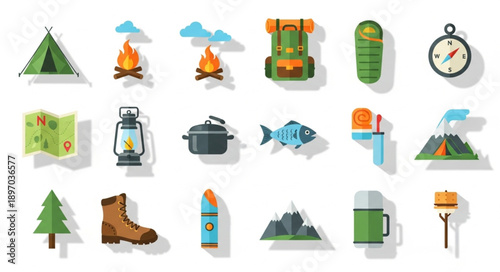 Collection of camping and outdoor adventure icons.