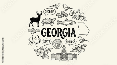 Georgia State Cartoon Vector – Fun Hand-Drawn Icons Featuring Peach, Capitol, Wildlife, Seal, and Map for Travel, Education, and Southern Culture Design