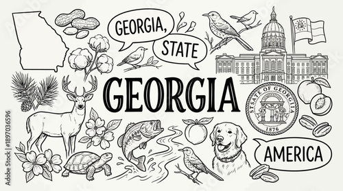 Georgia State Cartoon Vector – Fun Hand-Drawn Icons Featuring Peach, Capitol, Wildlife, Seal, and Map for Travel, Education, and Southern Culture Design