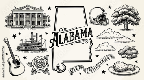 Alabama State Cartoon Vector – Fun Hand-Drawn Icons Featuring State Map, Guitar, Capitol, Flowers, Football Helmet, and Steamboat for Travel and Cultural Design