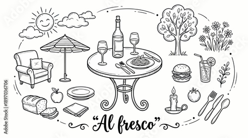 Al Fresco Dining Cartoon Vector – Hand-Drawn Icons of Outdoor Table, Food, Wine, Nature, and Sunshine for Lifestyle, Hospitality, and Seasonal Design