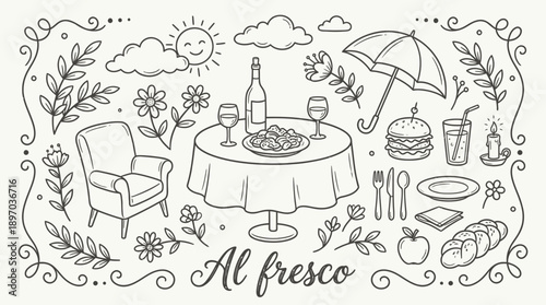 Al Fresco Dining Cartoon Vector – Hand-Drawn Icons of Outdoor Table, Food, Wine, Nature, and Sunshine for Lifestyle, Hospitality, and Seasonal Design
