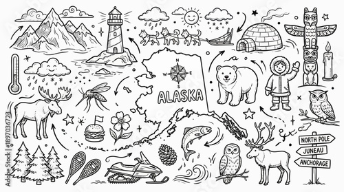 Alaska State Cartoon Vector – Fun Hand-Drawn Icons Featuring Map, Wildlife, Igloo, Totem, Northern Lights, and Snowmobile for Travel, Nature, and Cultural Design
