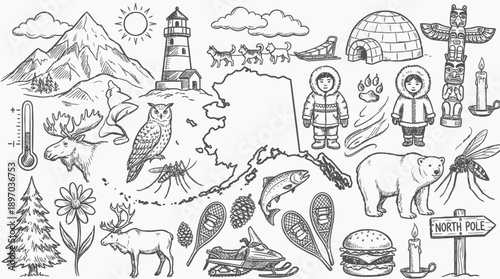 Alaska State Cartoon Vector – Fun Hand-Drawn Icons Featuring Map, Wildlife, Igloo, Totem, Northern Lights, and Snowmobile for Travel, Nature, and Cultural Design