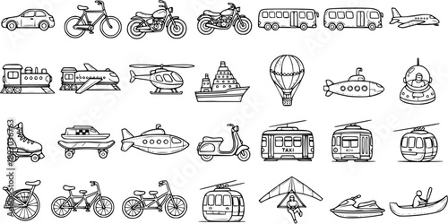 Outline Doodle Style Black and White Line Art Transportation Vehicles and Travel Modes Icon Set Collection
