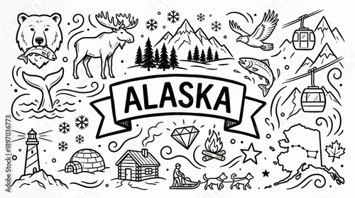Alaska State Cartoon Vector – Fun Hand-Drawn Icons Featuring Map, Wildlife, Igloo, Totem, Northern Lights, and Snowmobile for Travel, Nature, and Cultural Design