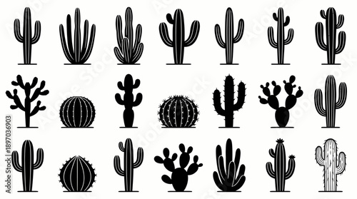 Cactus Silhouette Vector Set – 18 Black Icons of Desert Plants Including Saguaro, Barrel, and Prickly Pear for Nature, Western, and Botanical Design